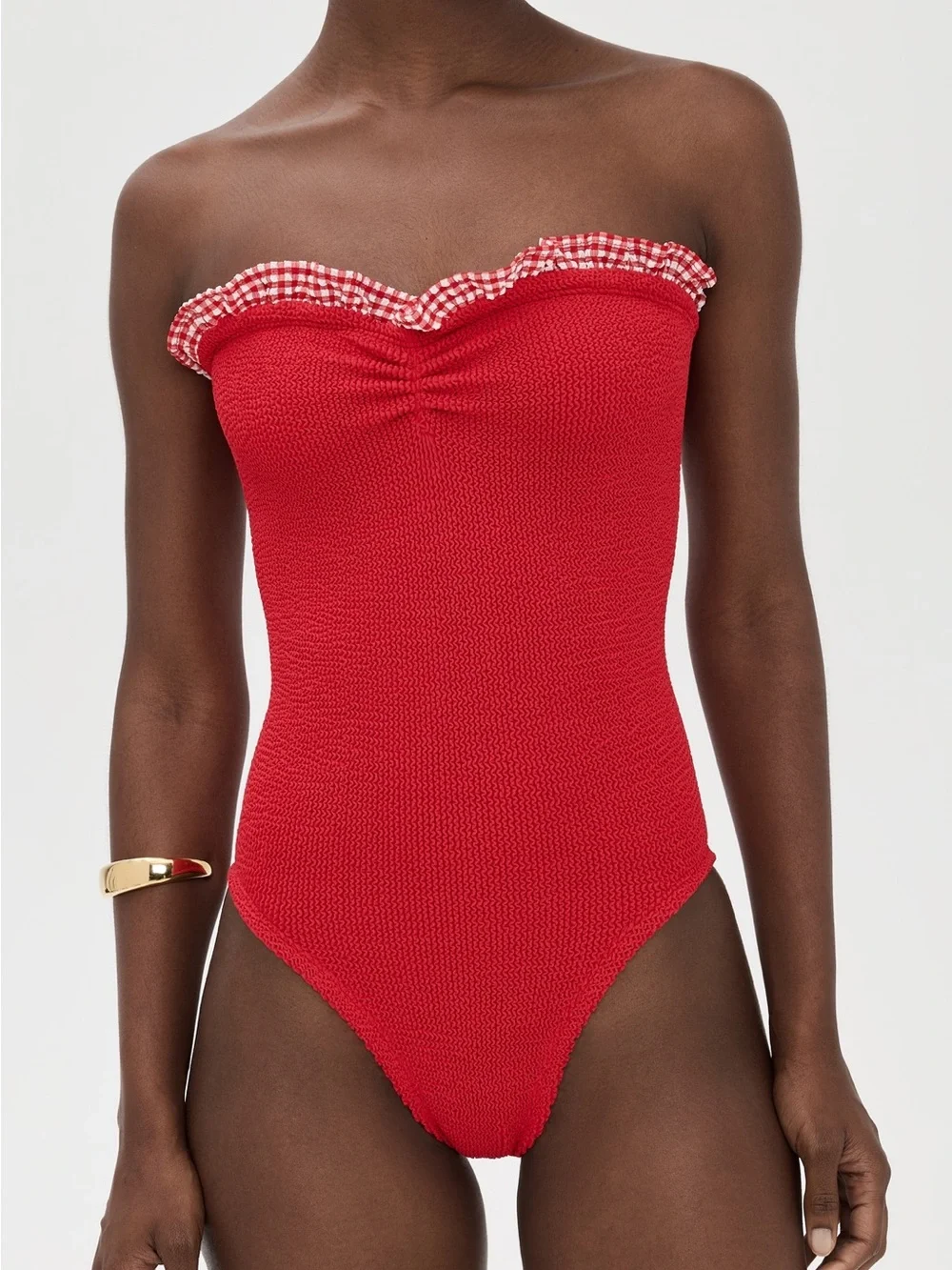 Hunza G Strapless Red One-Piece Swimsuit with Gingham Trim